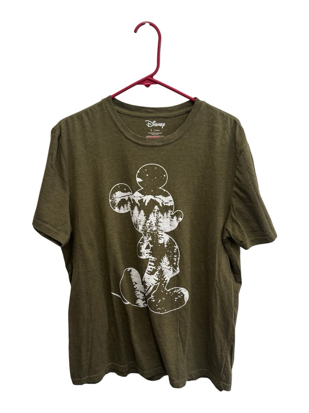 Disney Men's Olive Green T-Shirt with White Mickey Nature Graphic